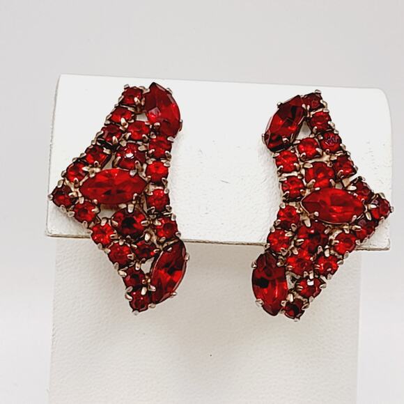 Vintage Red Rhinestone Ear Climber Clip Earrings Gold Tone - Picture 7 of 10